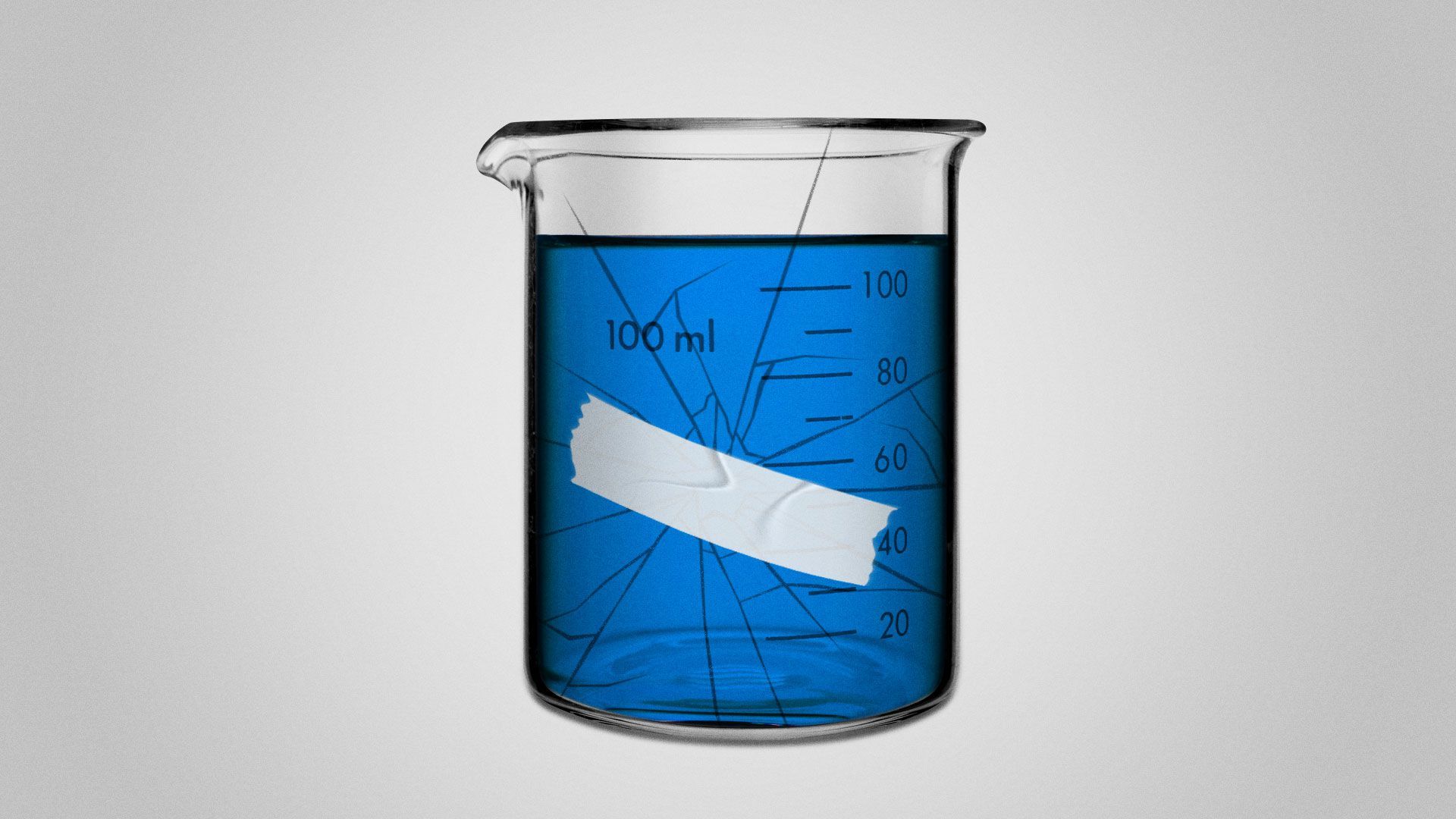 Illustration of cracked beaker with tape holding in liquid