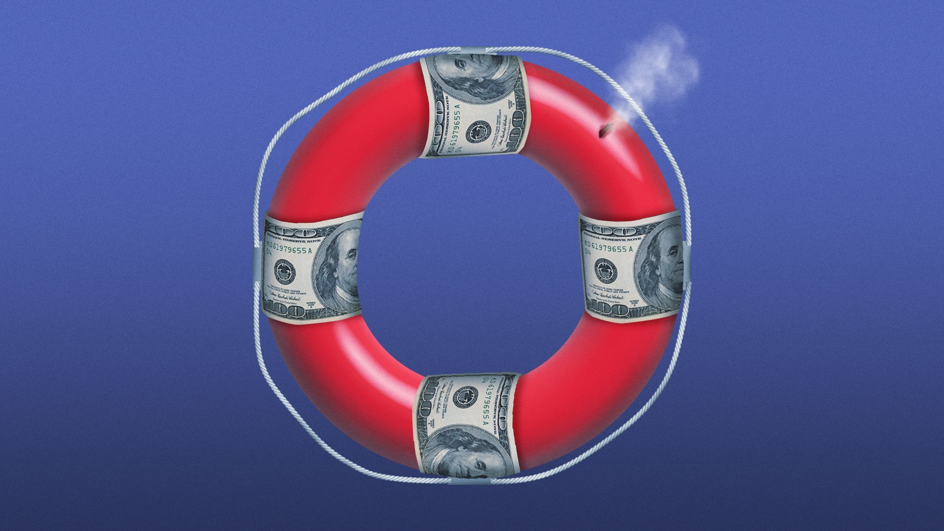 Illustration of a punctured life preserver made of hundred dollar bills.