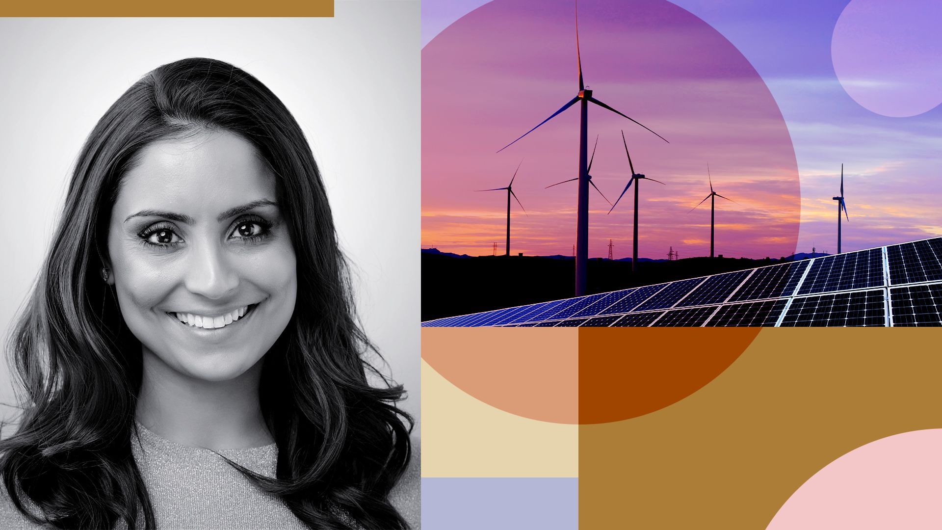 Photo illustration of Meera Clark with an image of solar panels and wind turbines and abstract shapes.