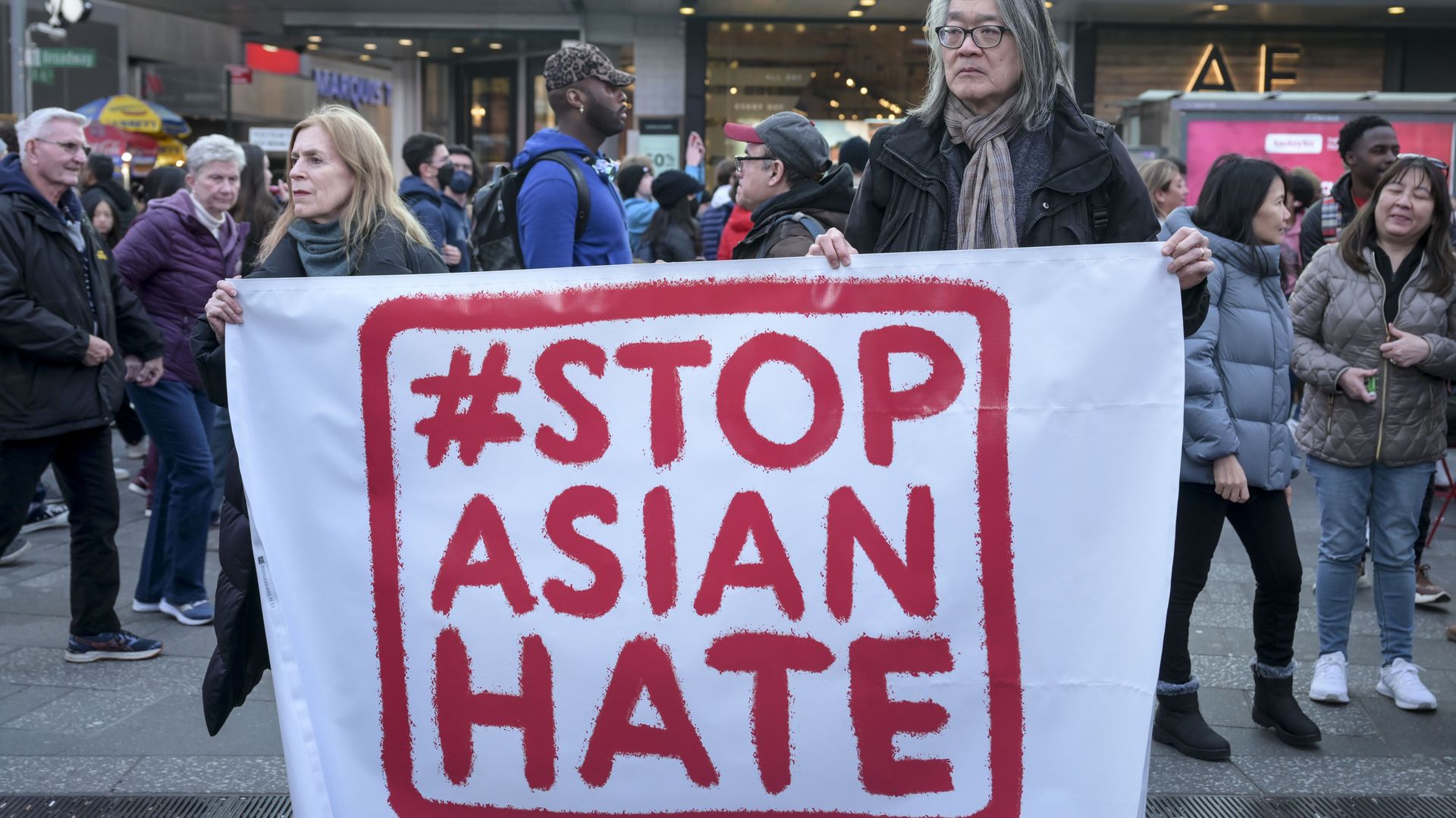 Asian Americans gather at Times Square to protest anti-Asian Hate in New York City.