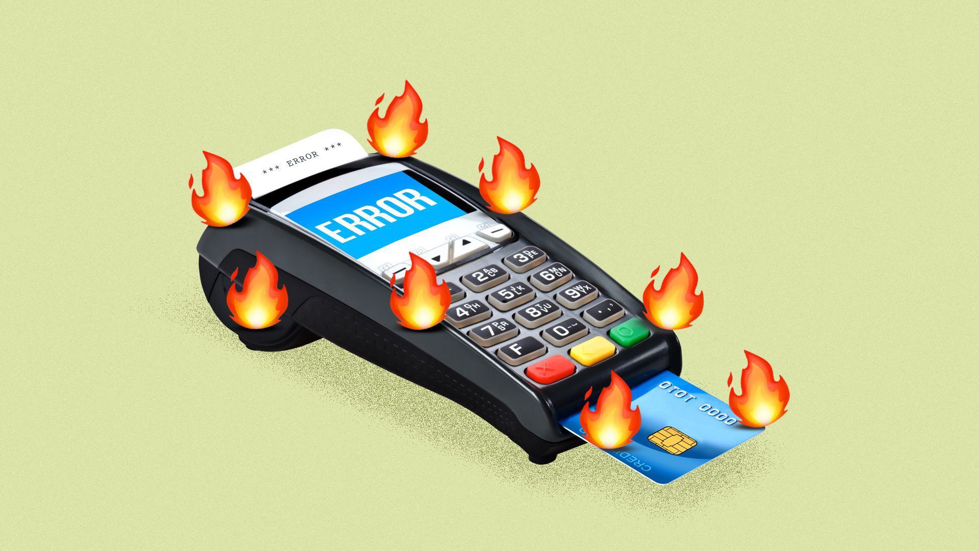 an illustration of a credit card scanner on fire