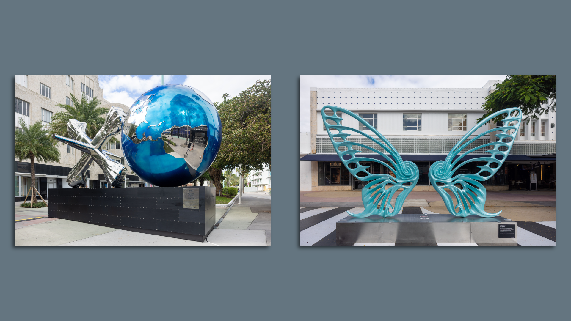 XO World" (left) by Daniel Anderson and "Dream Machine" by Rubem Robierb were unveiled on Lincoln Road ahead of Art Week. Credit: The Dana Agency