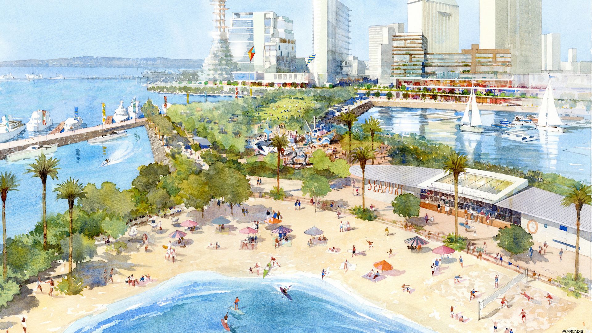 A rendering of people lounging and swimming at an urban beach with a city skyline in the bakcground.