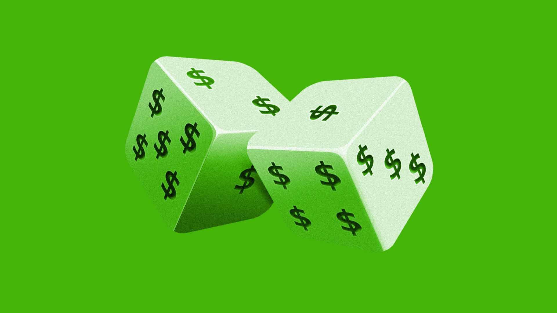 Illustration of a dice with money signs on it instead of dots.