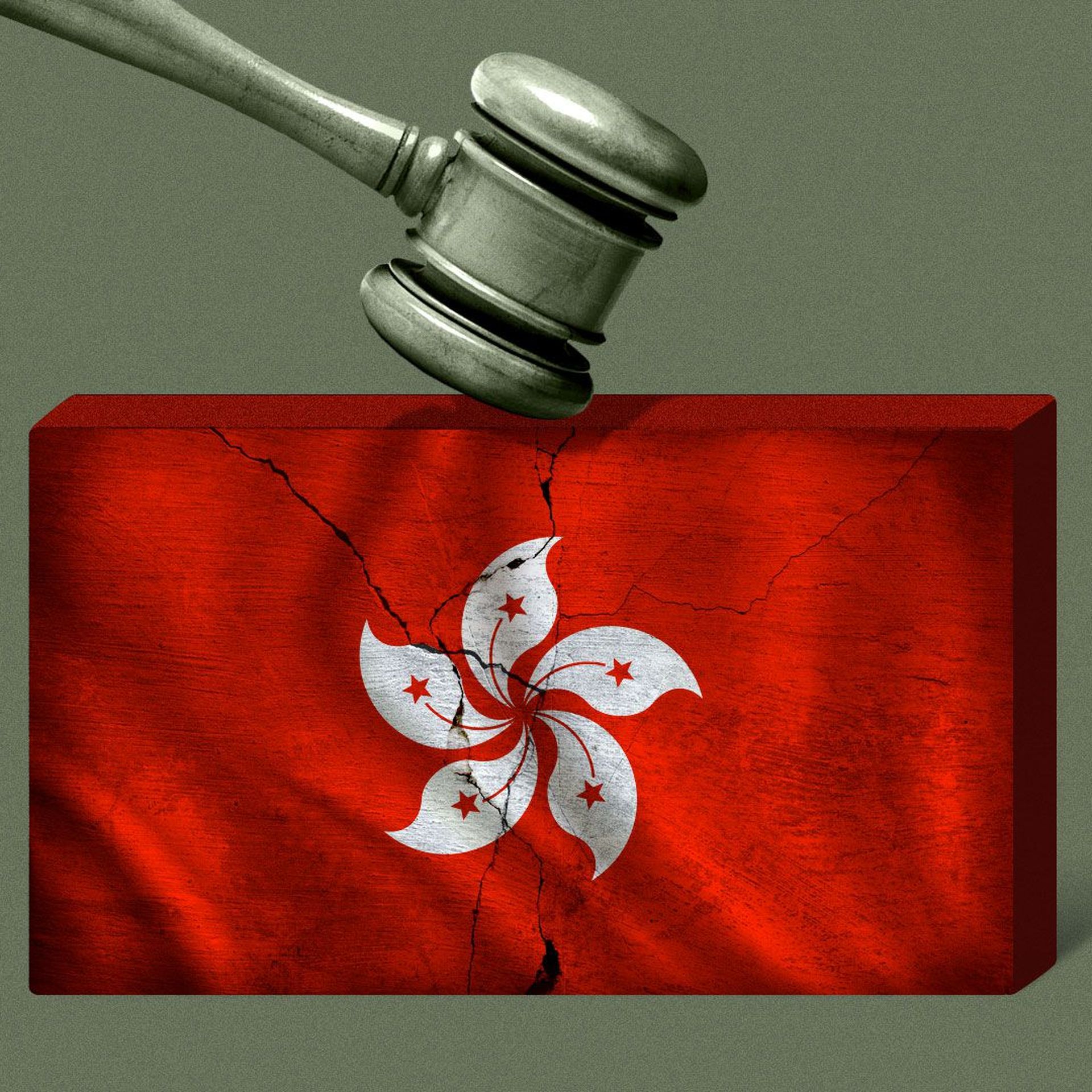 Illustration of a gavel cracking the Hong Kong flag