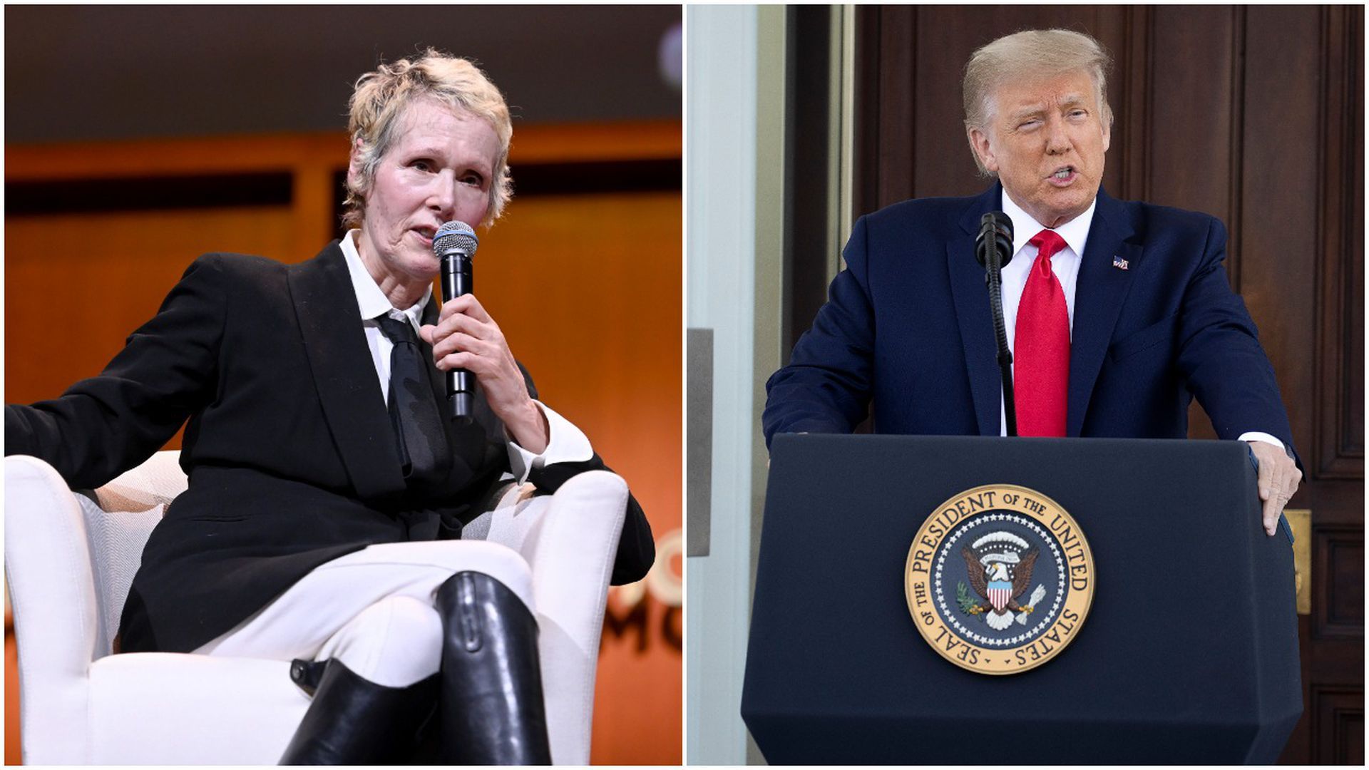 Combination images of E. Jean Carroll and President Trump. 