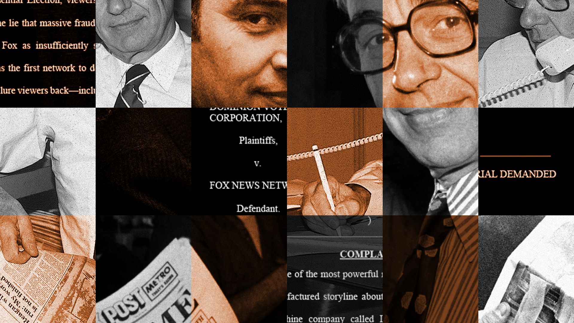 Photo illustration of Rupert Murdoch throughout the years collaged with newspaper images and court documents