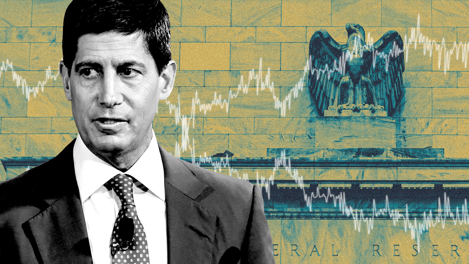 Photo illustration of a collage featuring Kevin Warsh, the facade of the Federal Reserve building, and two mirrored chart trend lines, one going up, one going down.
