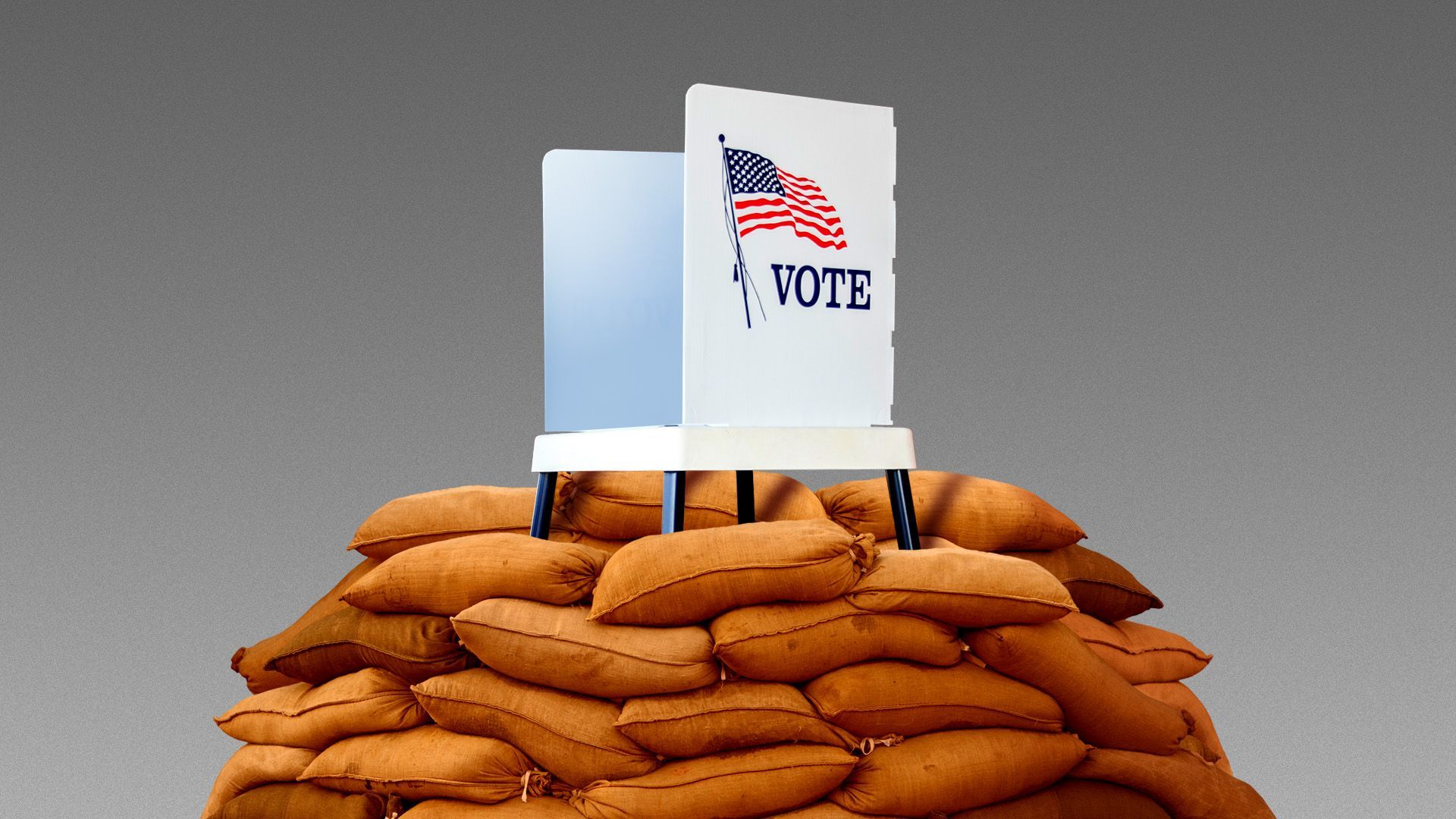 Illustration of a voting booth surrounded by sandbags