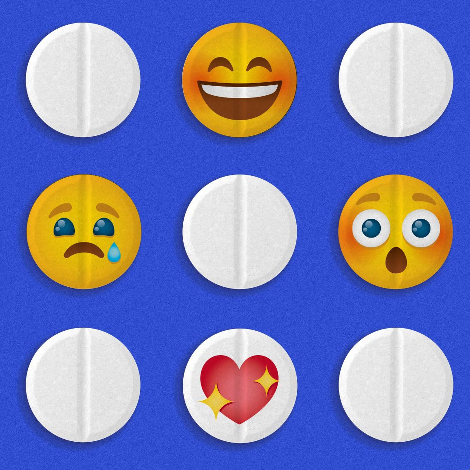 Illustration of rows of pills, some with emoji reactions.