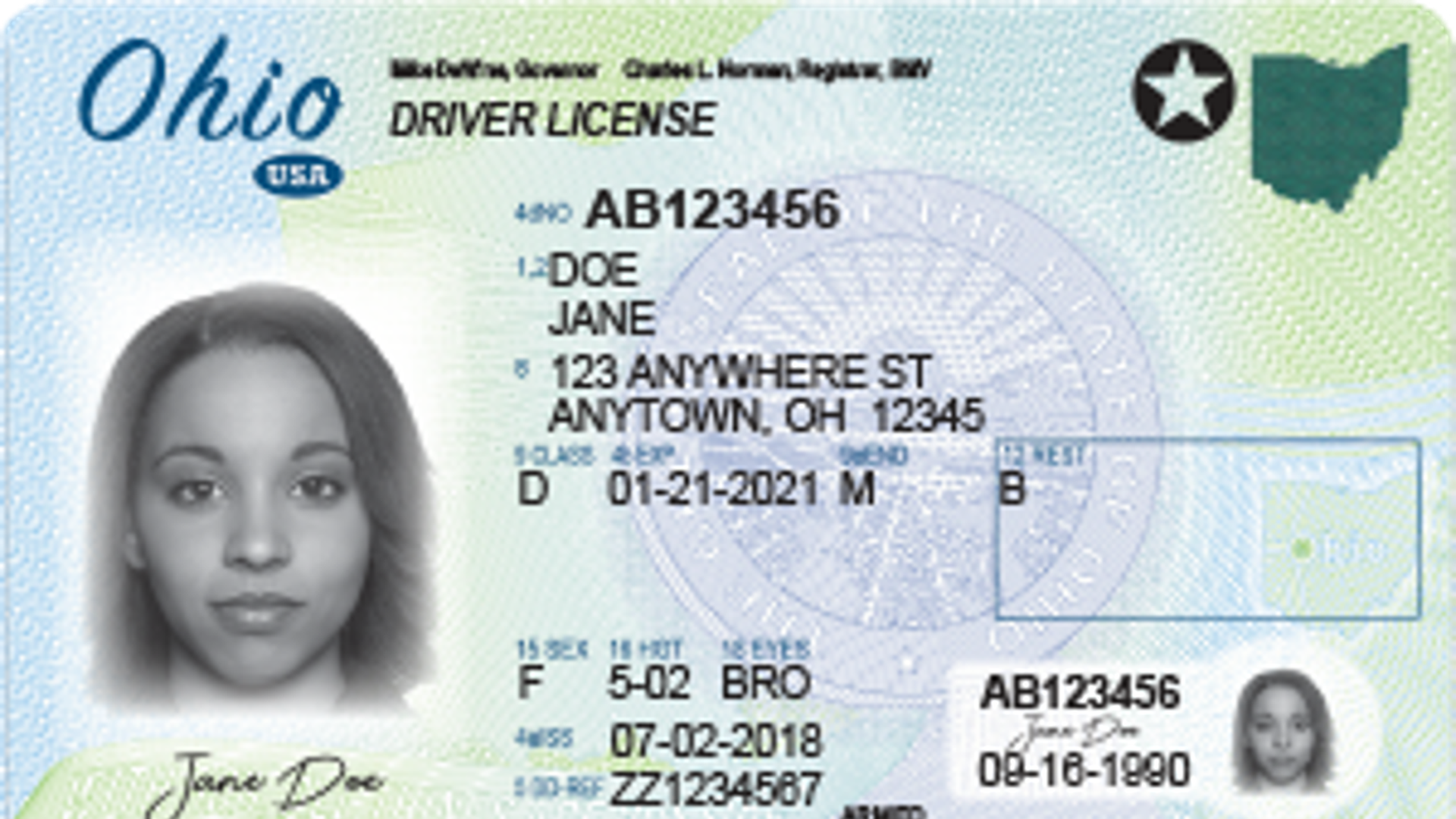 A sample Ohio driver's license.