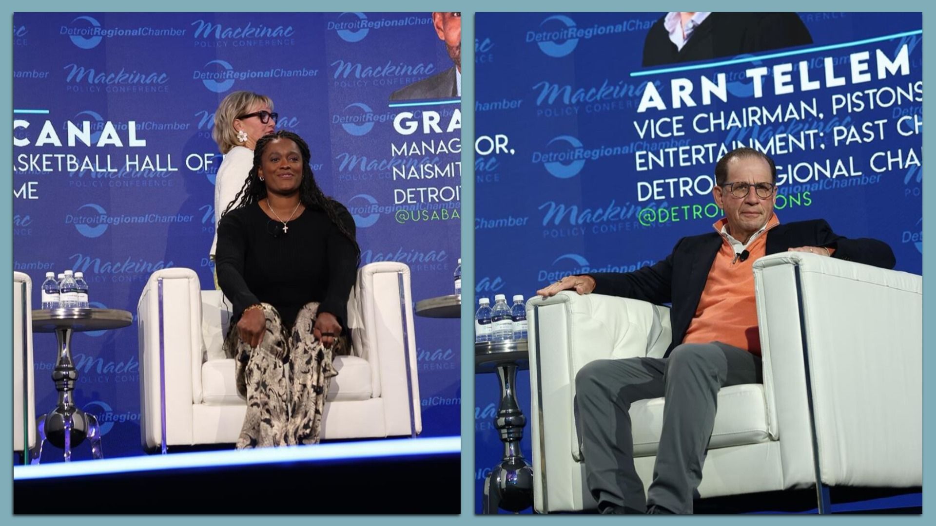 Two panelists pictured seated in their chairs