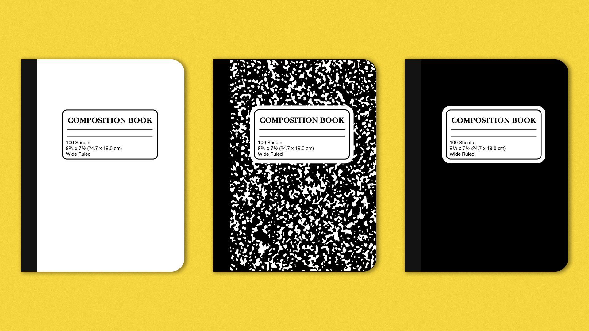 Illustration of three composition notebooks: one with a white cover, one with a typical cover and one with a black cover.