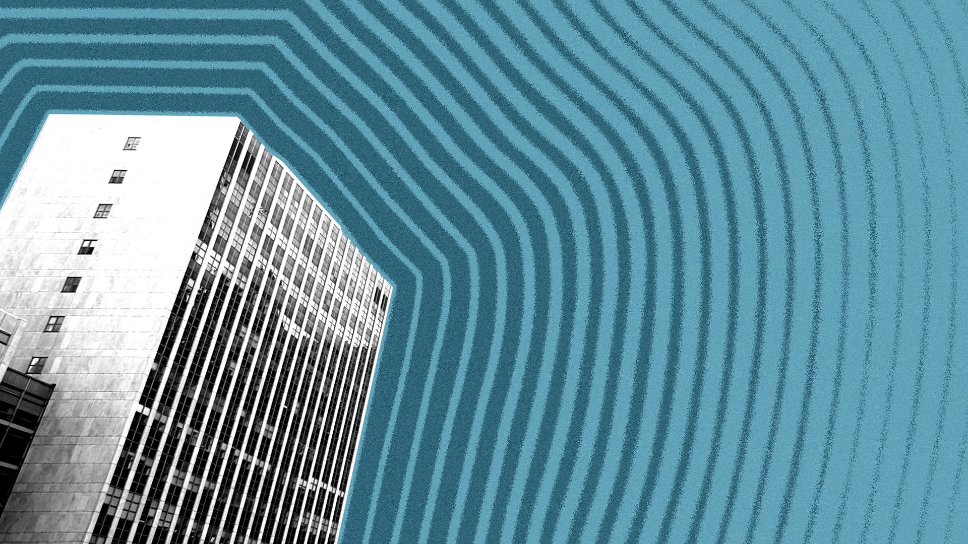 Illustration of the Coleman A. Young Municipal Center, in Detroit, with lines radiating from it. 