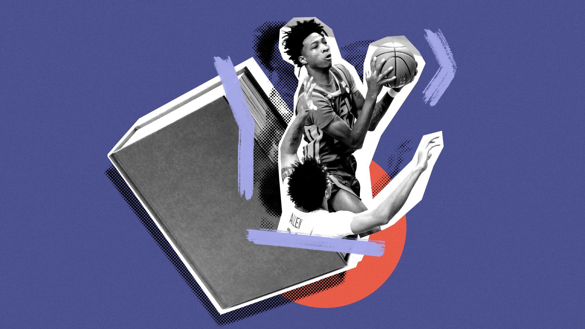 Photo illustration of collage of college basketball players Eric Gaines and Dontaie Allen playing in a game, alongside a textbook