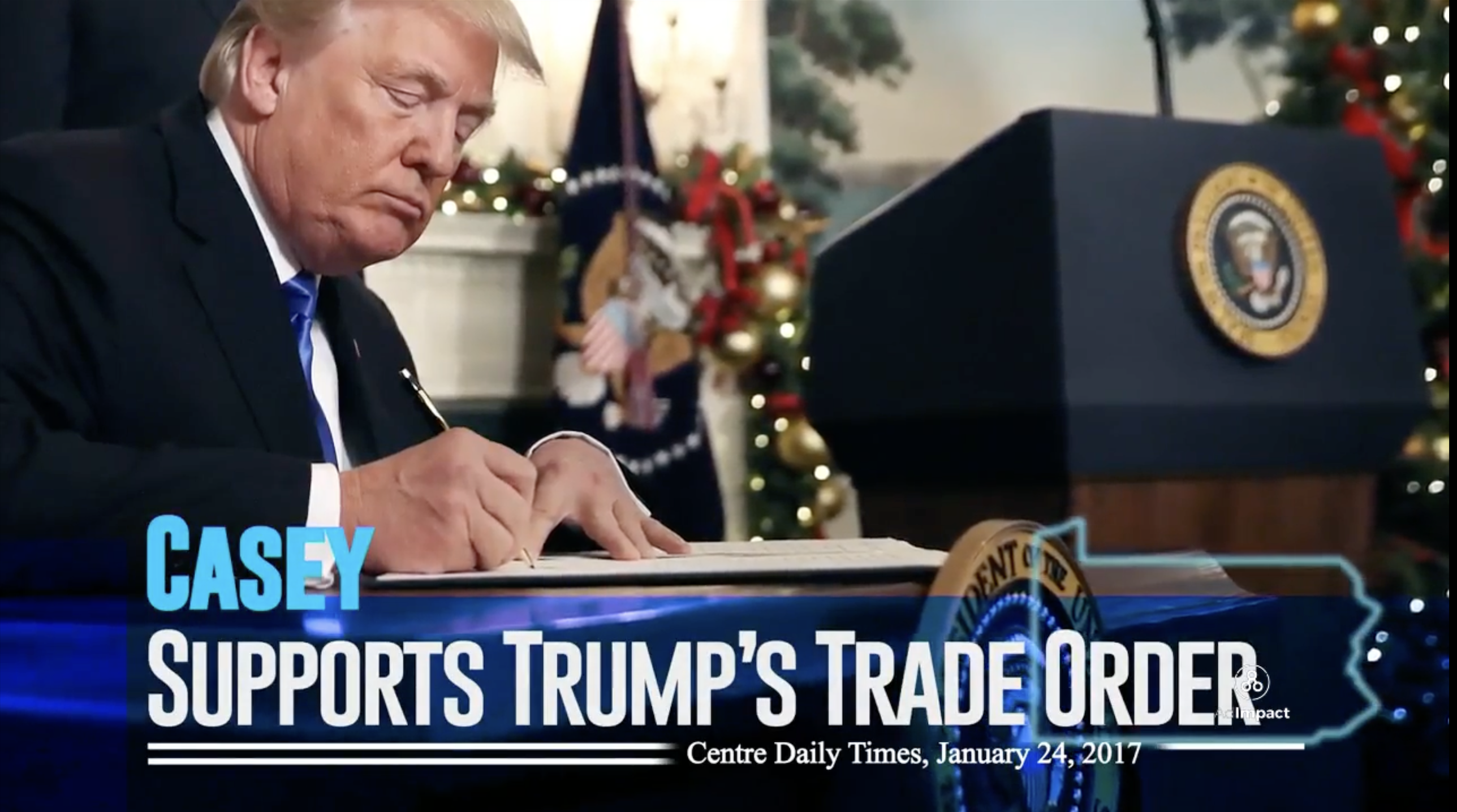 Screenshot of a Casey ad with a chyron that reads "Casey Supports Trump's Trade Order"