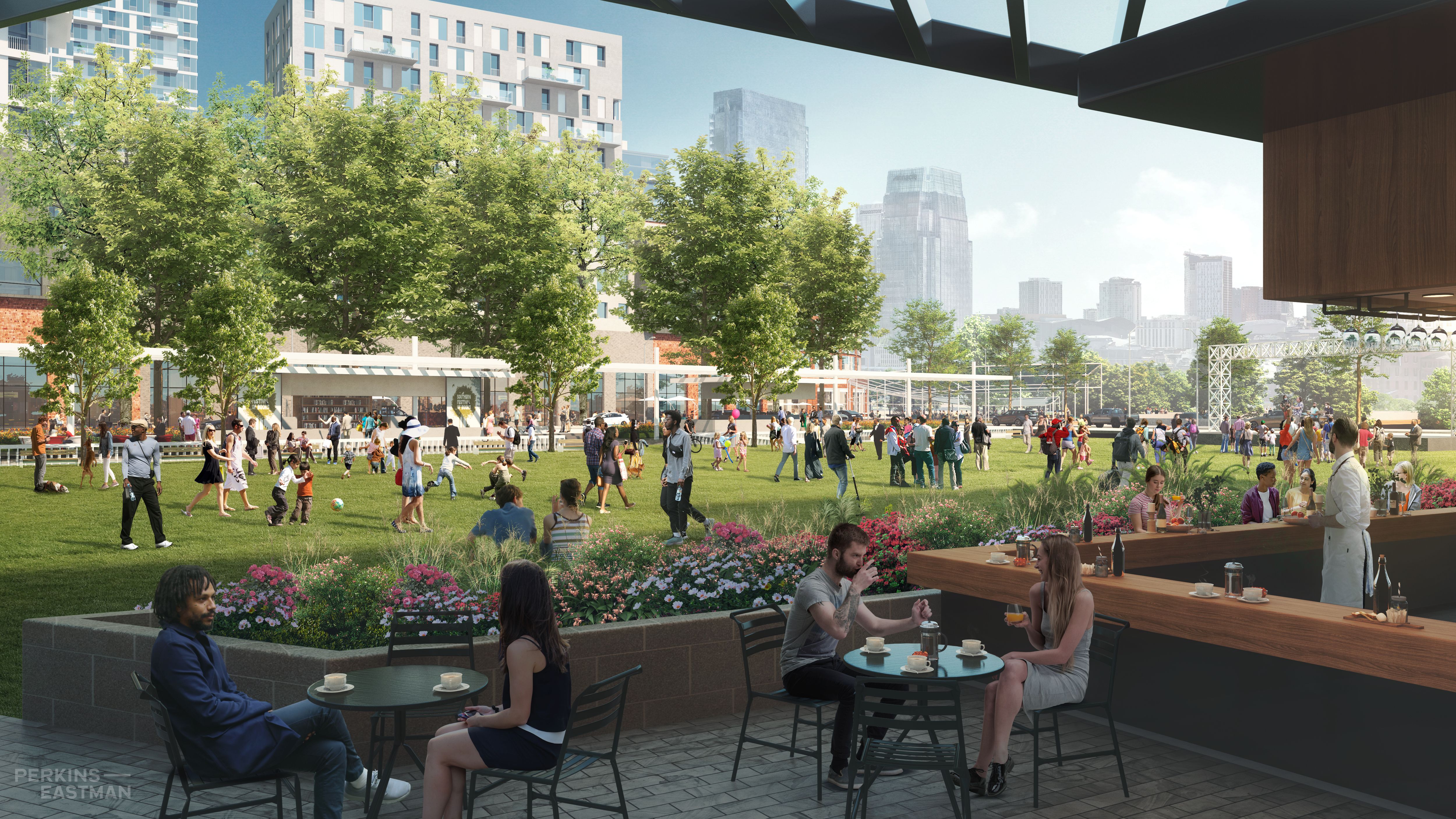 A rendering of public space included in the East Bank vision.