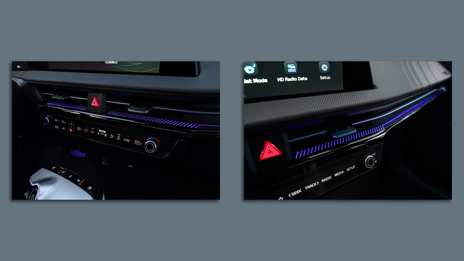 Side-by-side images of the Kia EV6's touchbar, which controls both entertainment and climate.