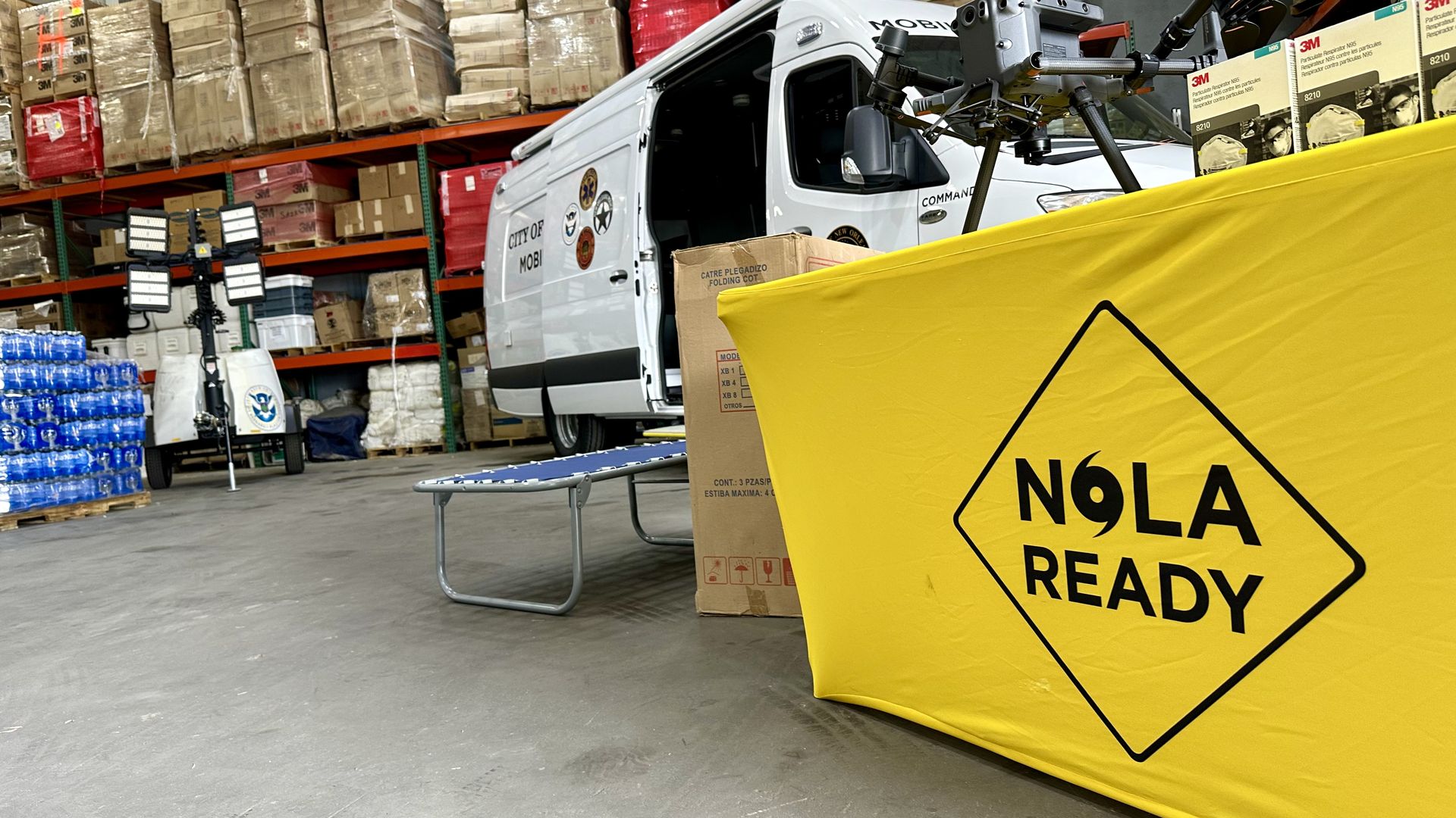 Photo shows a NOLA Ready sign and emergency supplies.
