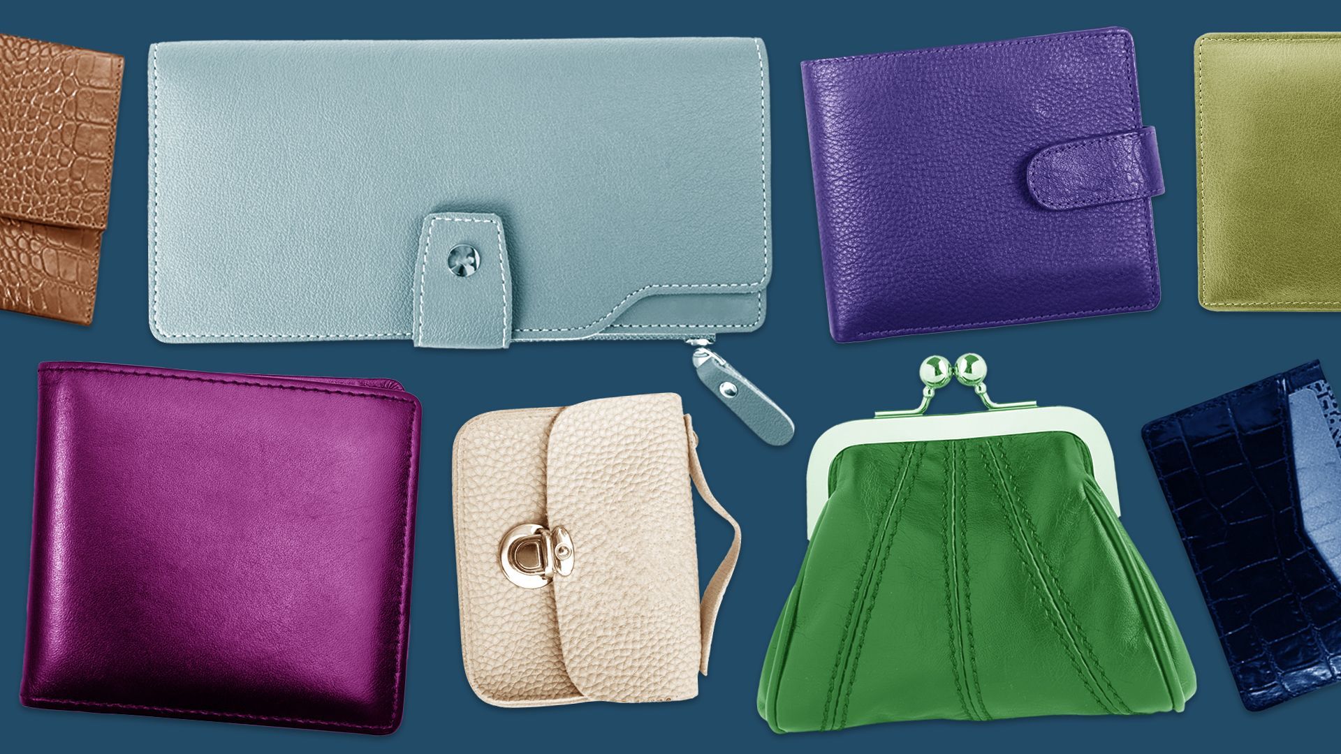 Illustration of various wallets in different colors