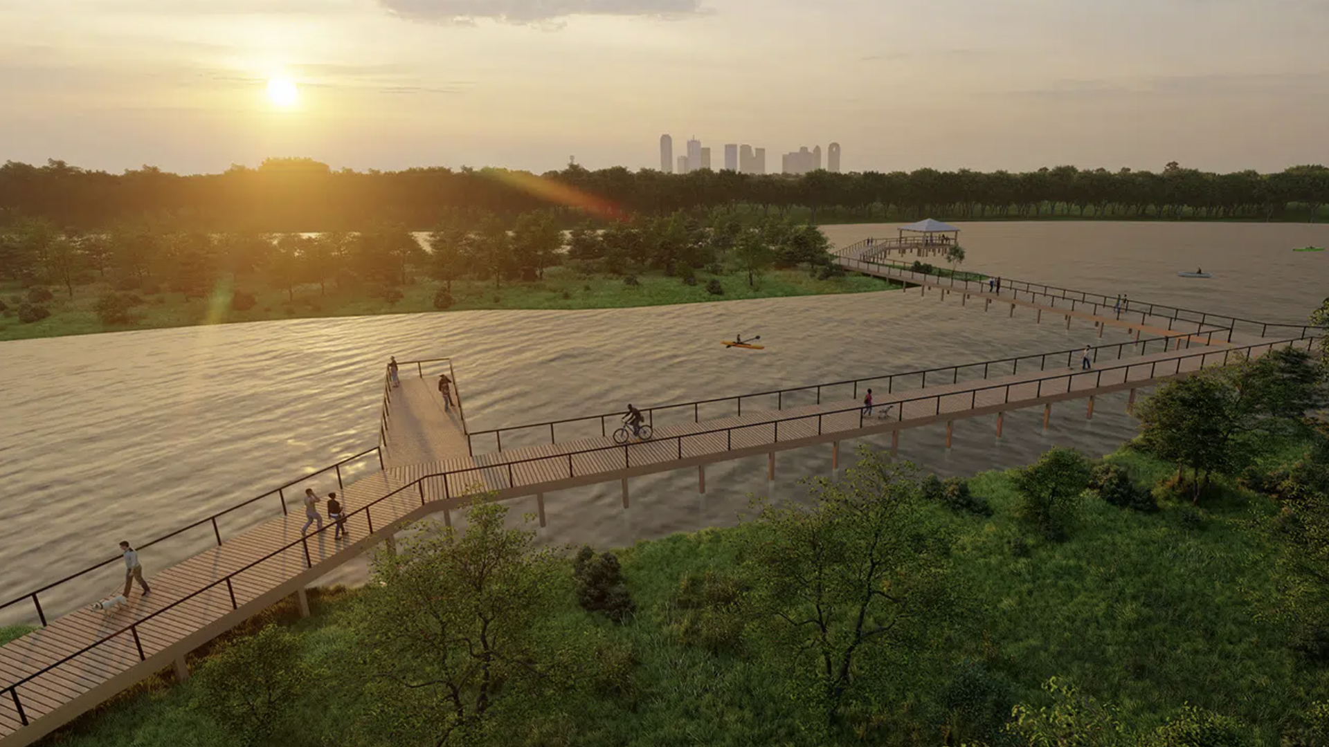 A rendering of a park with boardwalks