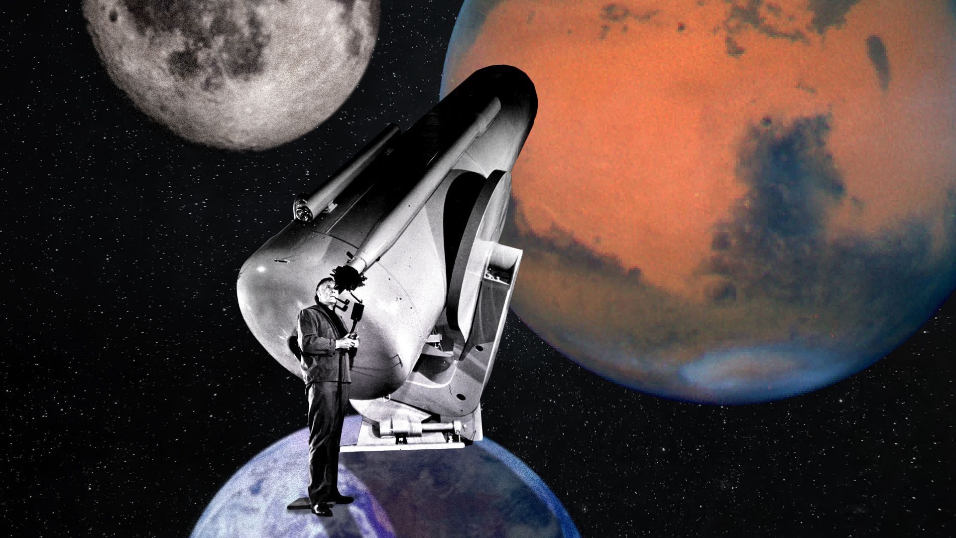 Photo illustration of Hubble looking through a telescope pointing towards Mars and the moon