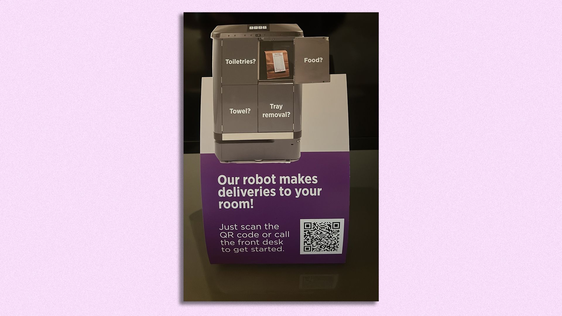 Image of a robot delivery pod in a hotel.