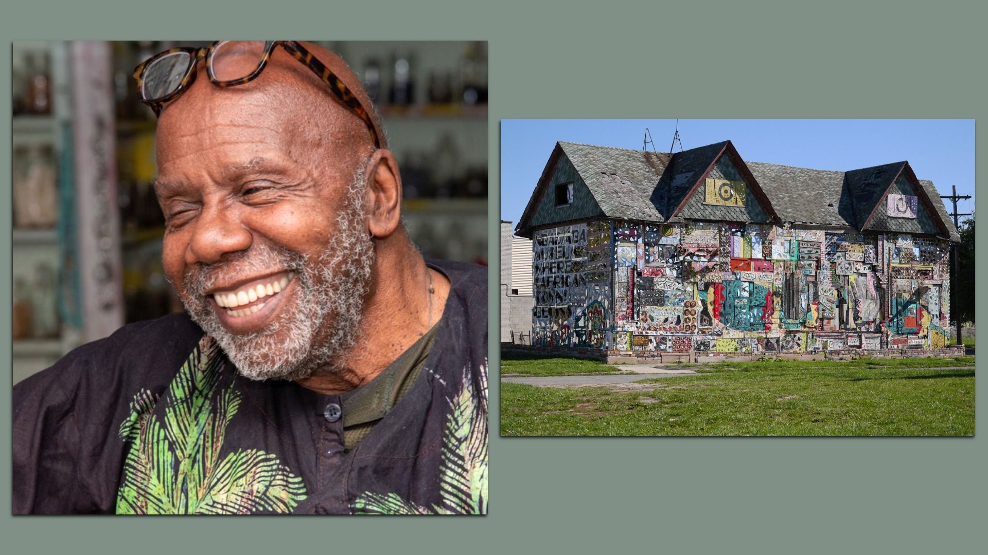Left: Smiling man wearing a dark patterned shirt. Right: Colorful mosaic-covered building with abstract designs. 