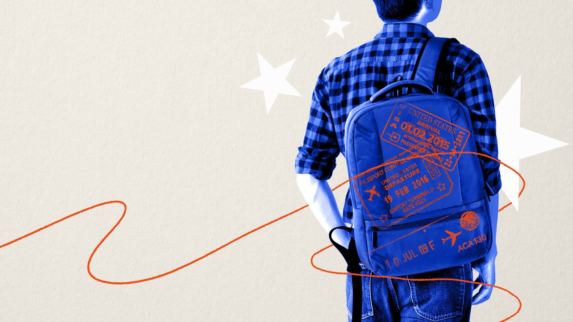 Illustrated collage of a student whose backpack is covered in travel stamps, surrounded by stars.