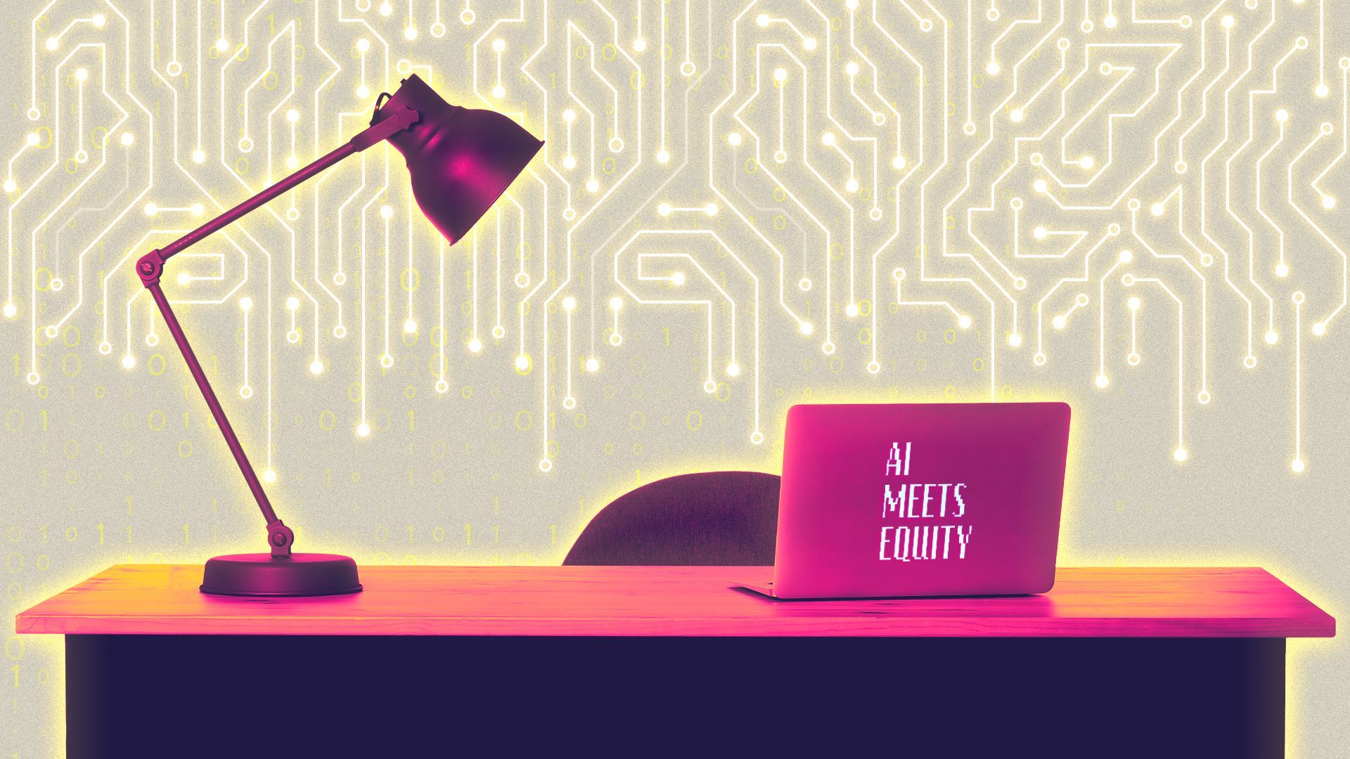 Illustration of a digital-looking desk with a lamp and computer surrounded by binary code and a circuit pattern. 