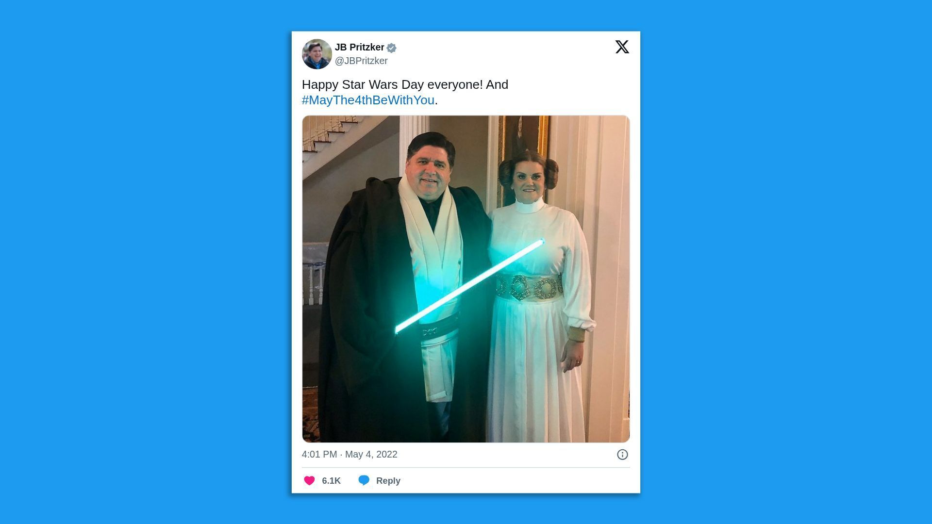 Illinois Gov. JB Pritzker and his wife, Mary Kathryn "MK" Pritzker, celebrate Star Wars Day (May 4) in 2022. 