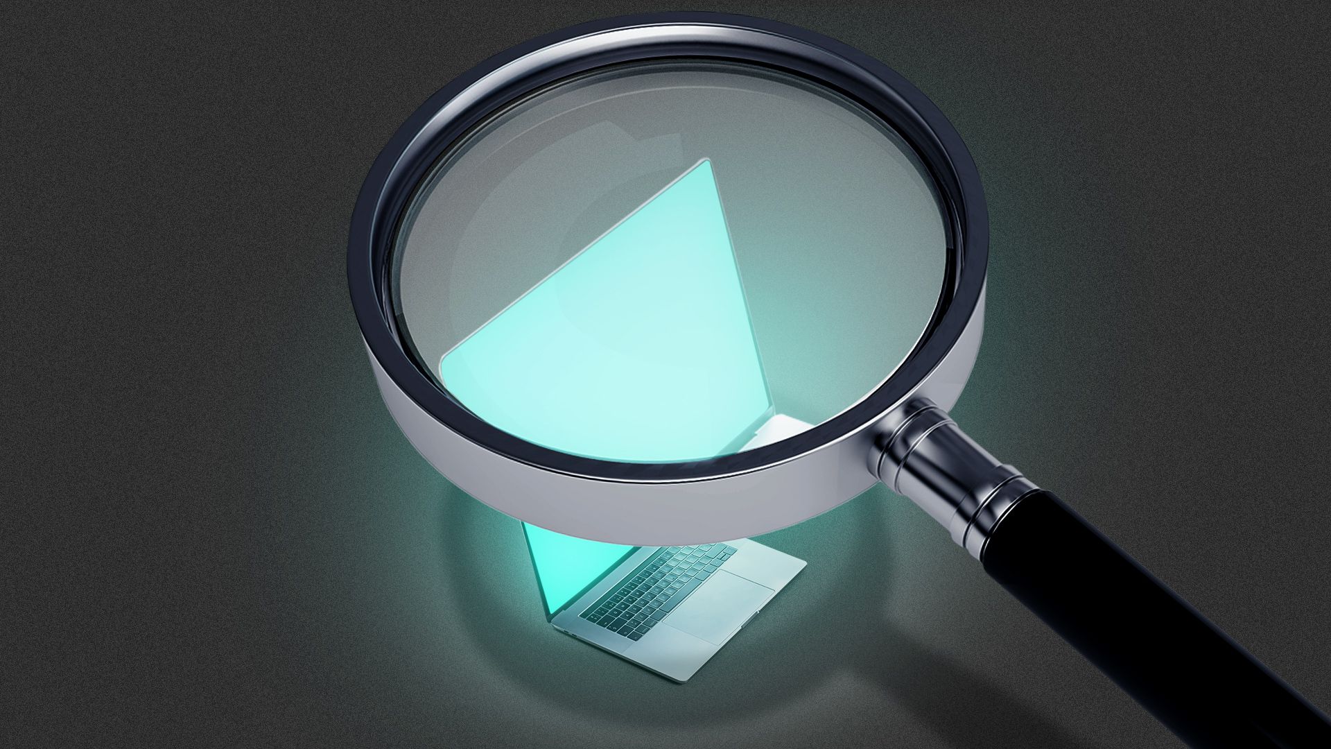 Illustration of a magnifying glass examining a glowing laptop. 