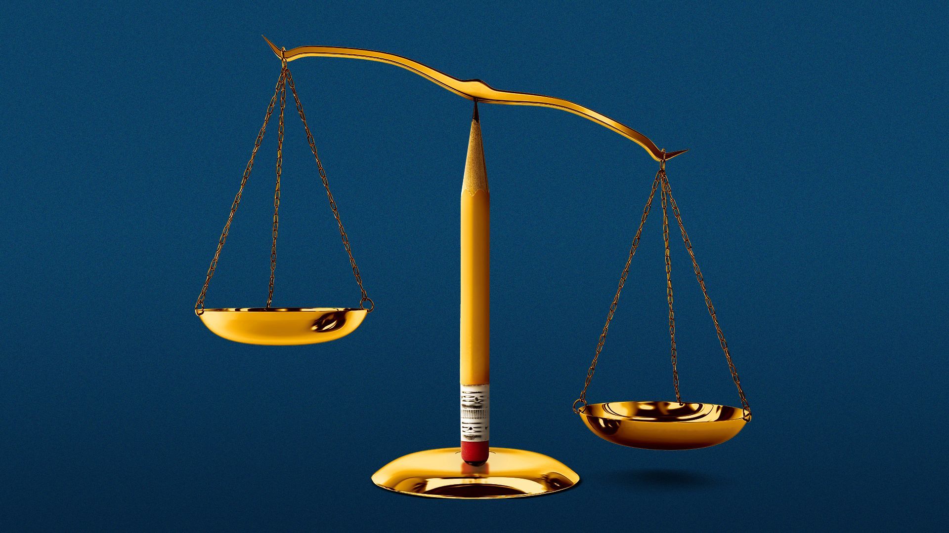 Illustration of an unbalanced scale balanced on top of a pencil.