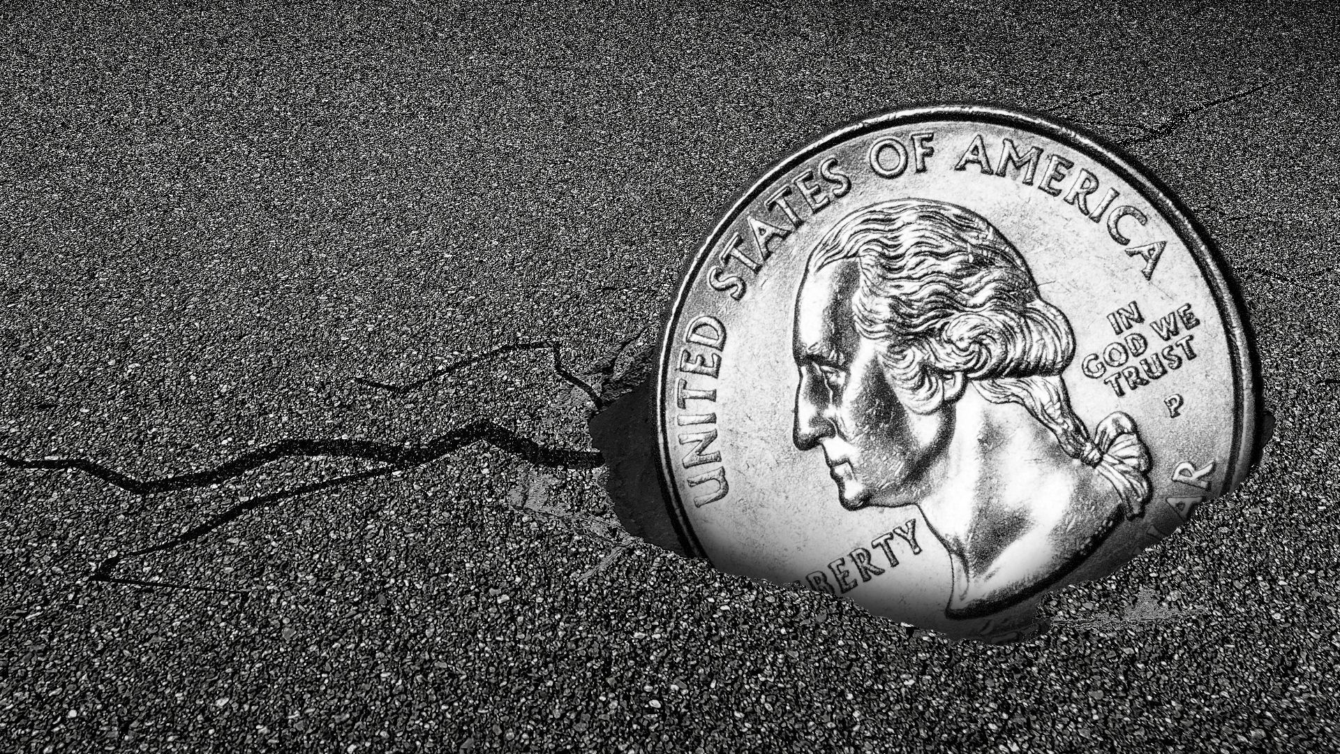 Illustration of a quarter in a pothole.