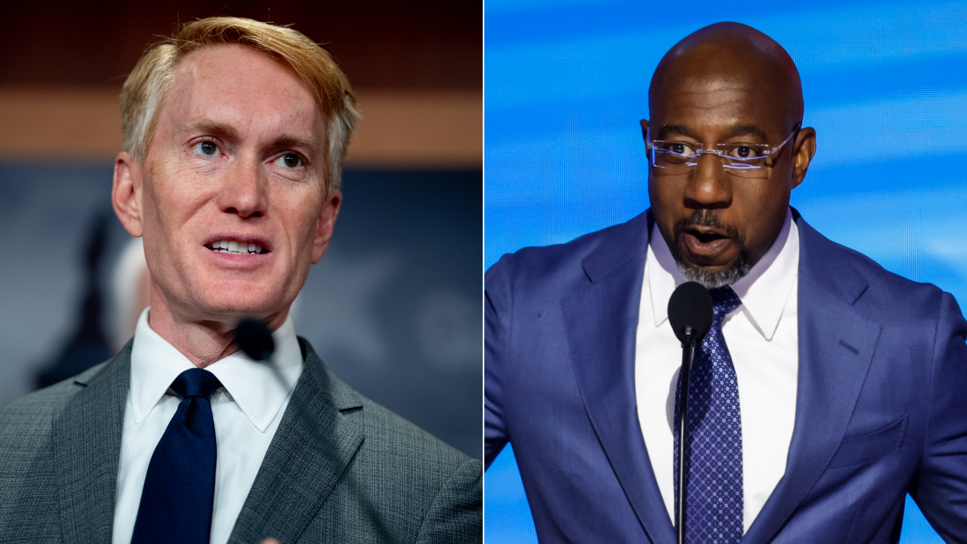Sen. James Lankford, left, on May 1 in Washington, DC and Sen. Raphael Warnock, right, on Aug. 19 in Chicago, Illinois. Photos: Andrew Harnik/Getty Images and Chip Somodevilla/Getty Images