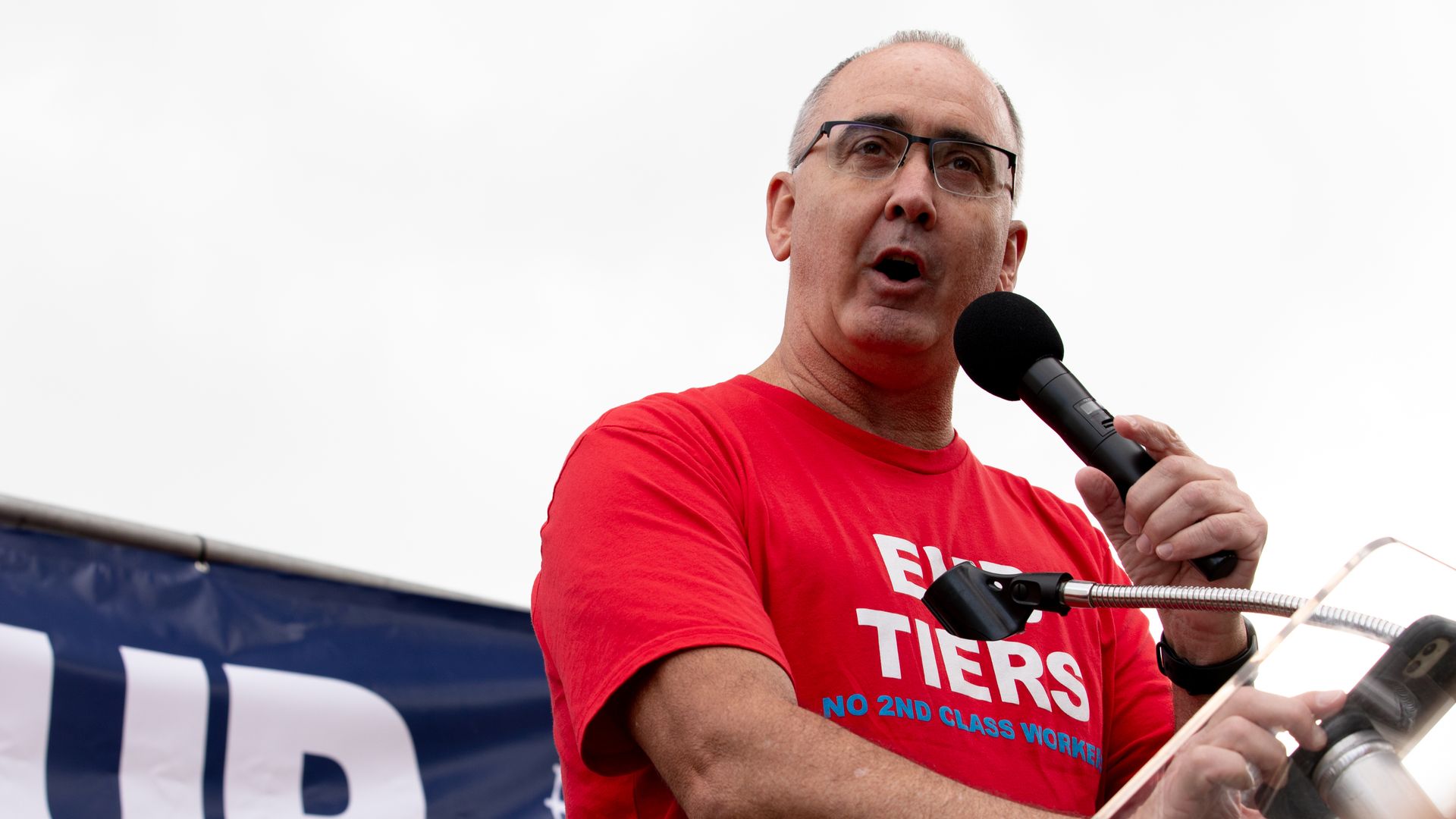Shawn Fain during a UAW rally in Detroit, Michigan, on Sept. 15. 