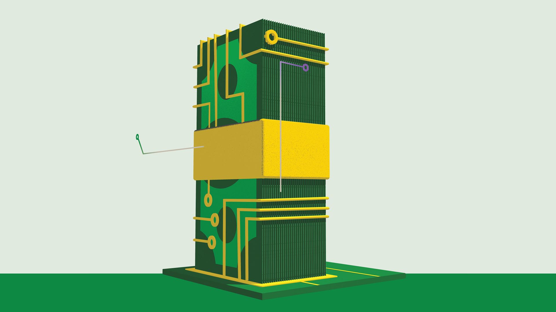 Illustration of a sheaf of dollar bills forming a vertical tower of circuits