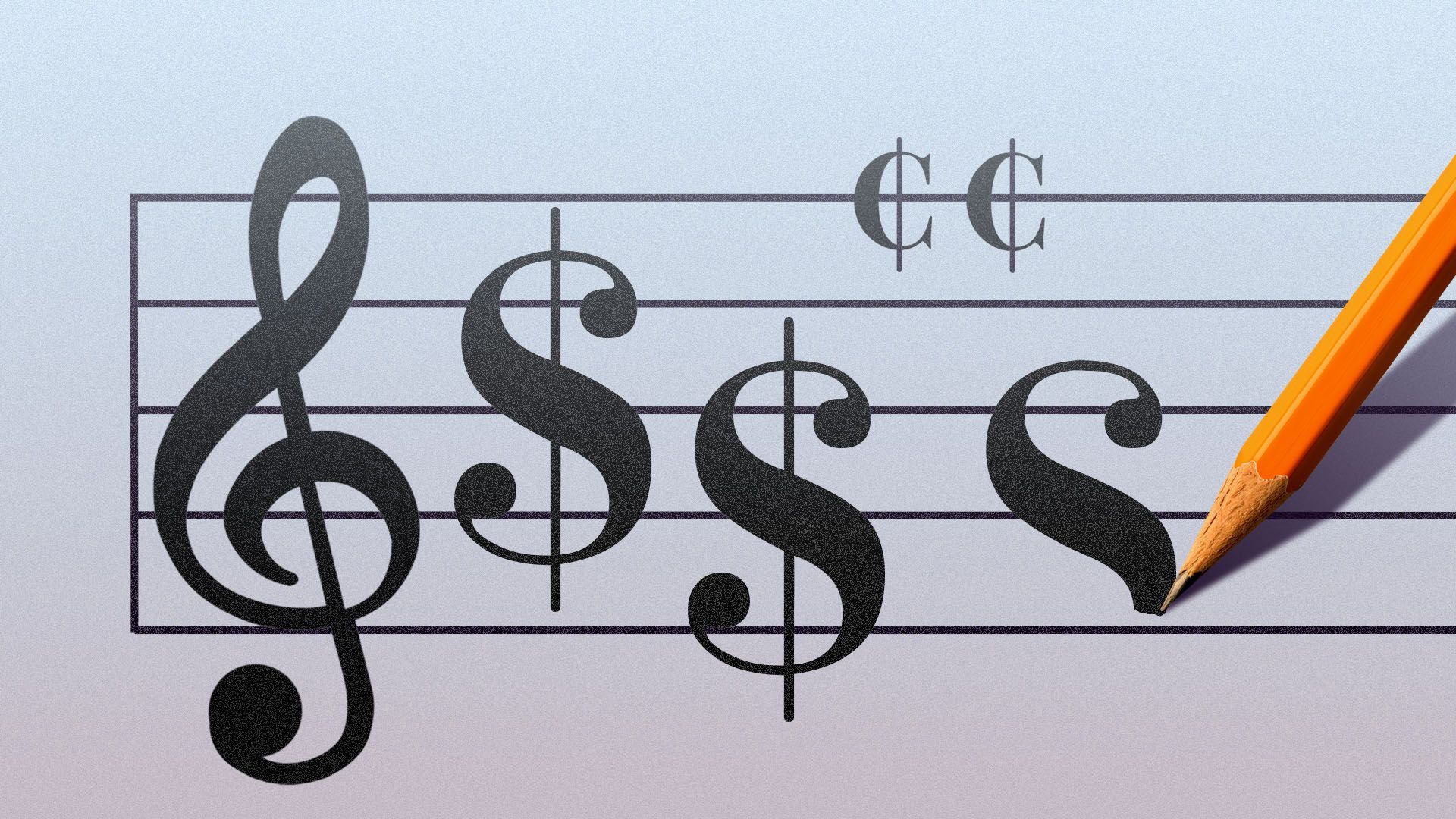 Illustration of a pencil writing sheet music with dollar and cents symbols