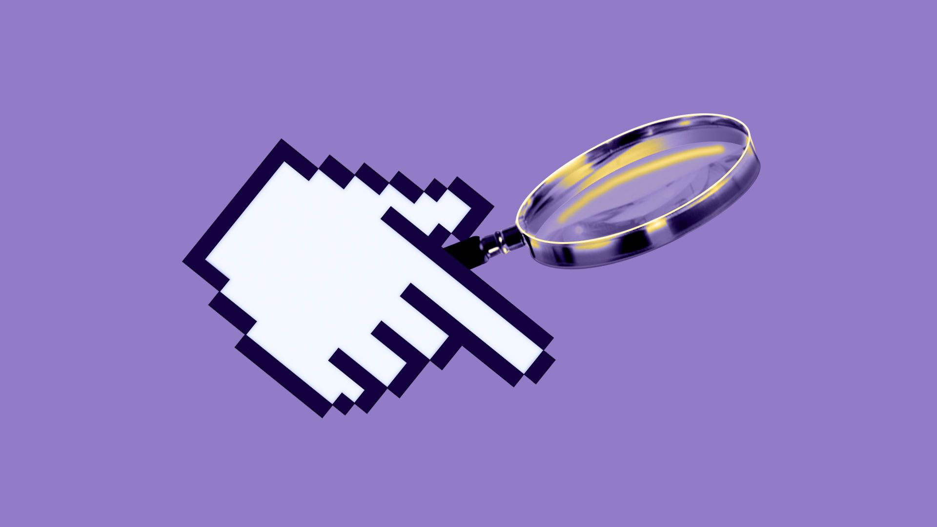 White pixelated hand cursor pointing with index finger, holding a magnifying glass with yellow highlights on a purple background.