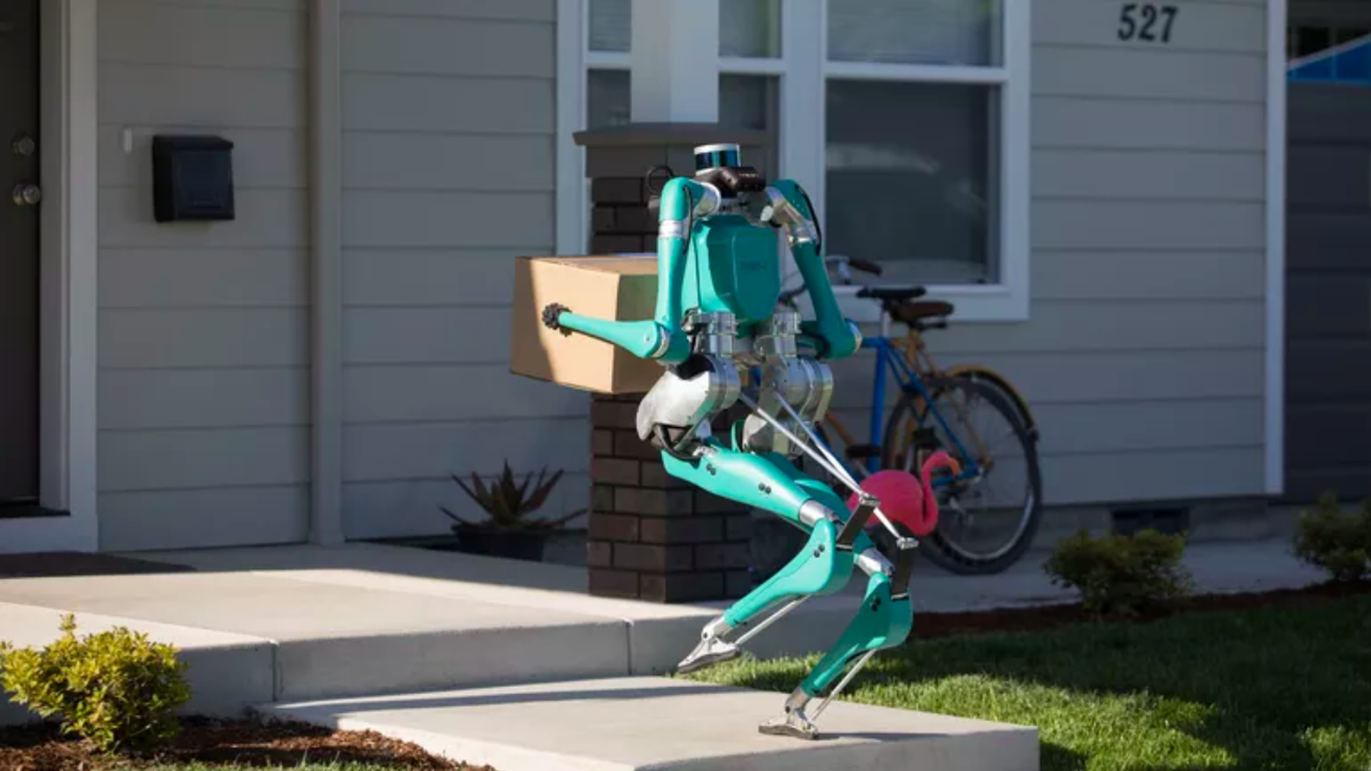 In this image, Digit delivers a package on someone's front porch.