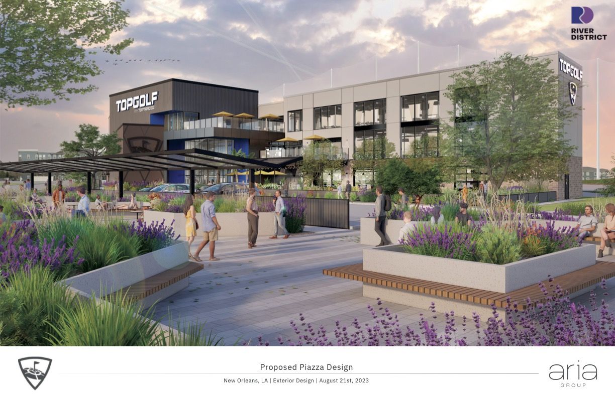 Rendering shows the front of the TopGolf facility proposed for New Orleans.