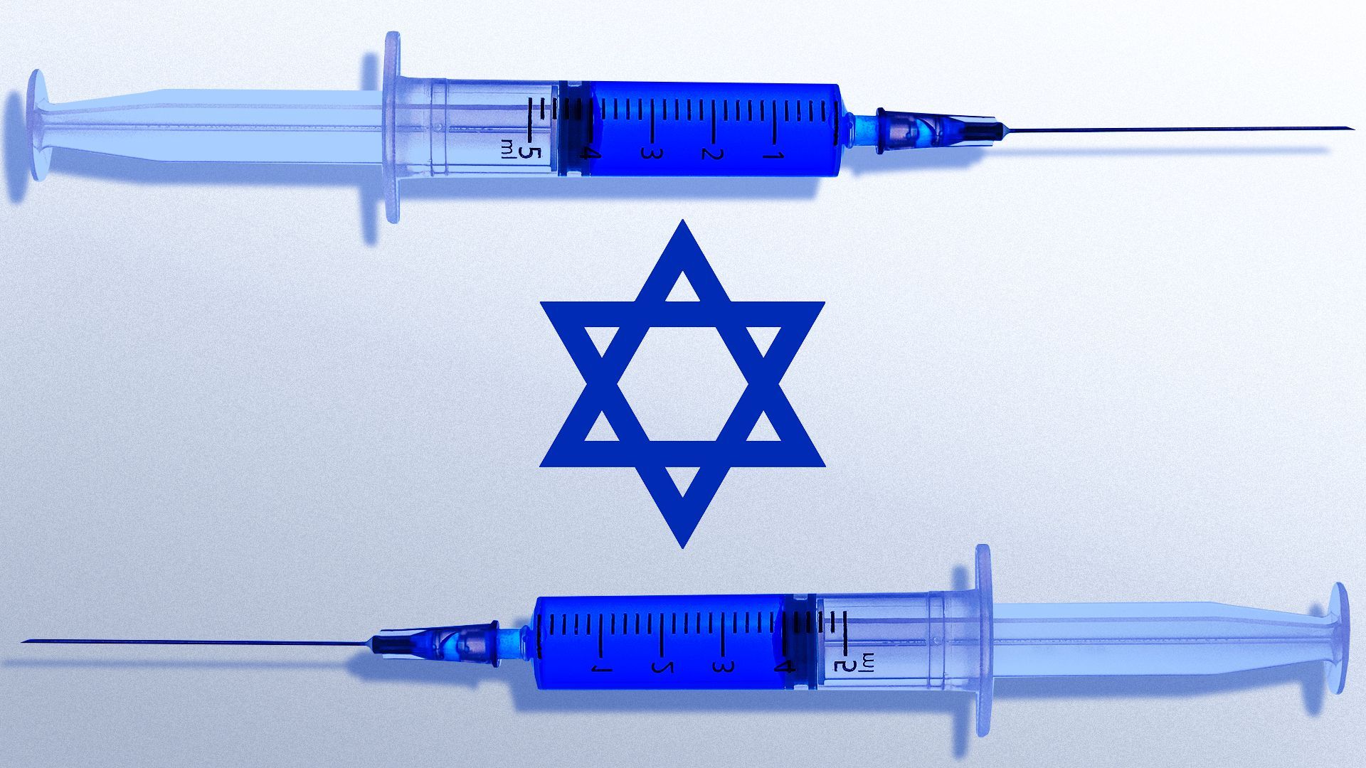 Illustration of an Israel flag made with syringes for the top and bottom cars