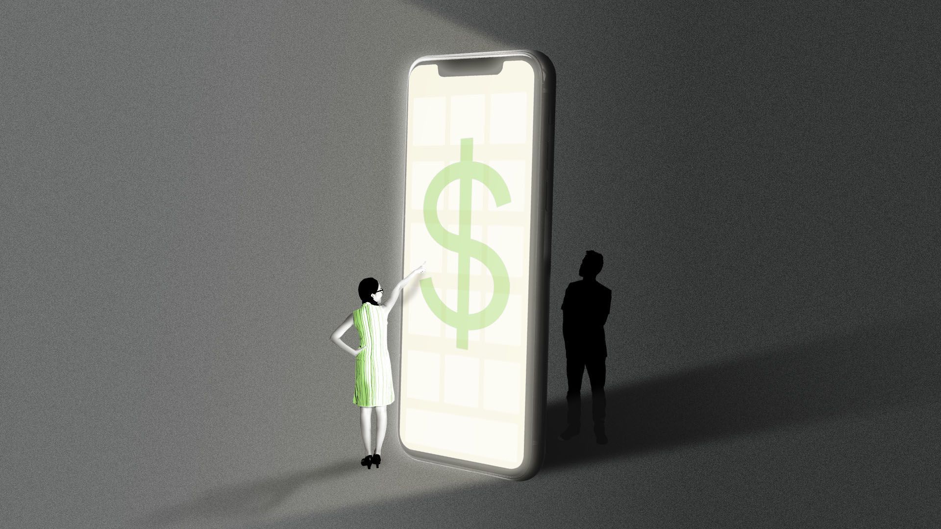 Illustration of a small person at a giant iphone screen with a dollar bill on it, and a person behind the iphone in the dark