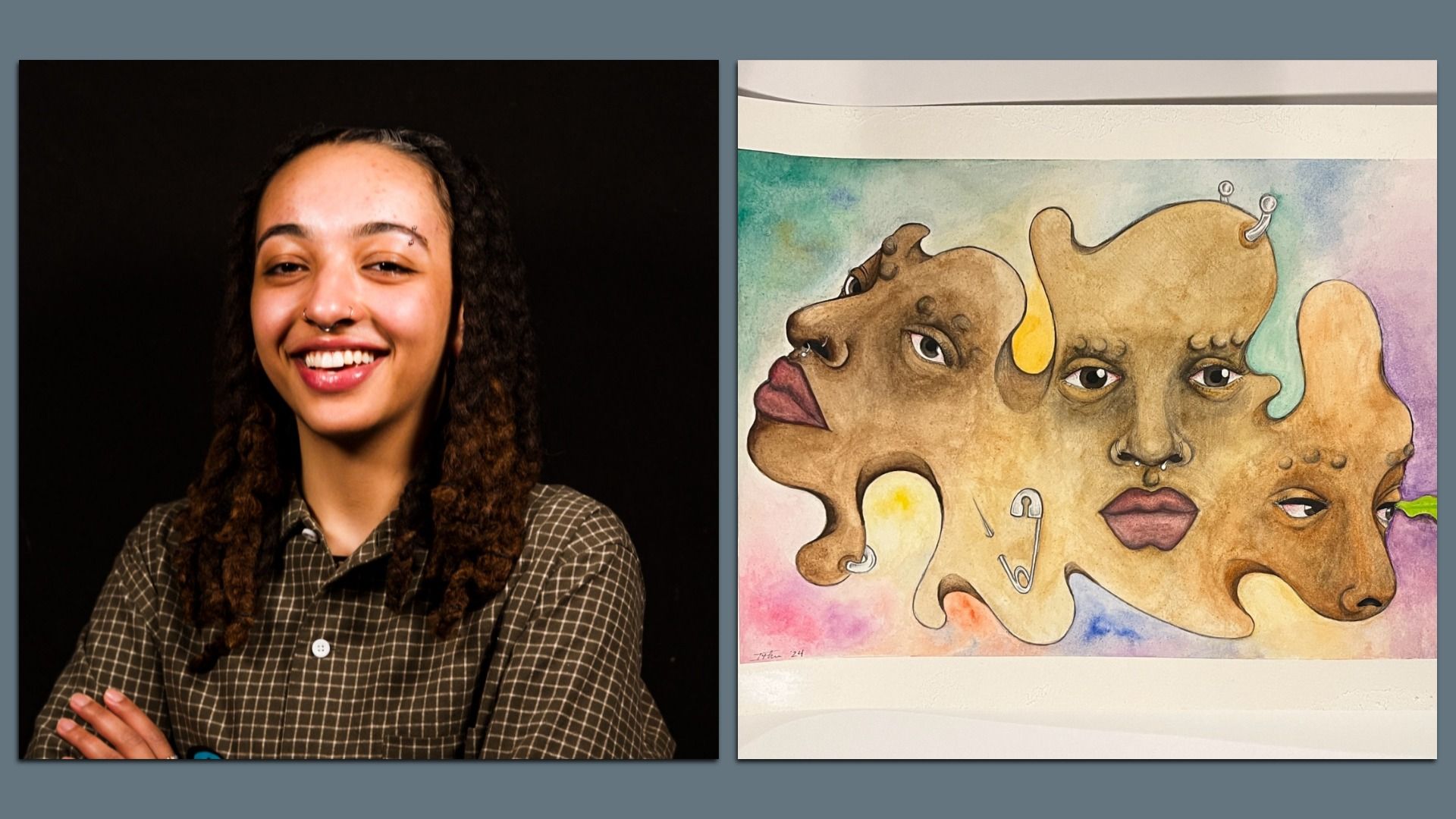 Left: a young person with dreadlocks in a checkered shirt, smiling against a black background. Right: a colorful abstract painting of interconnected faces with eyes and lips on a pastel wash.