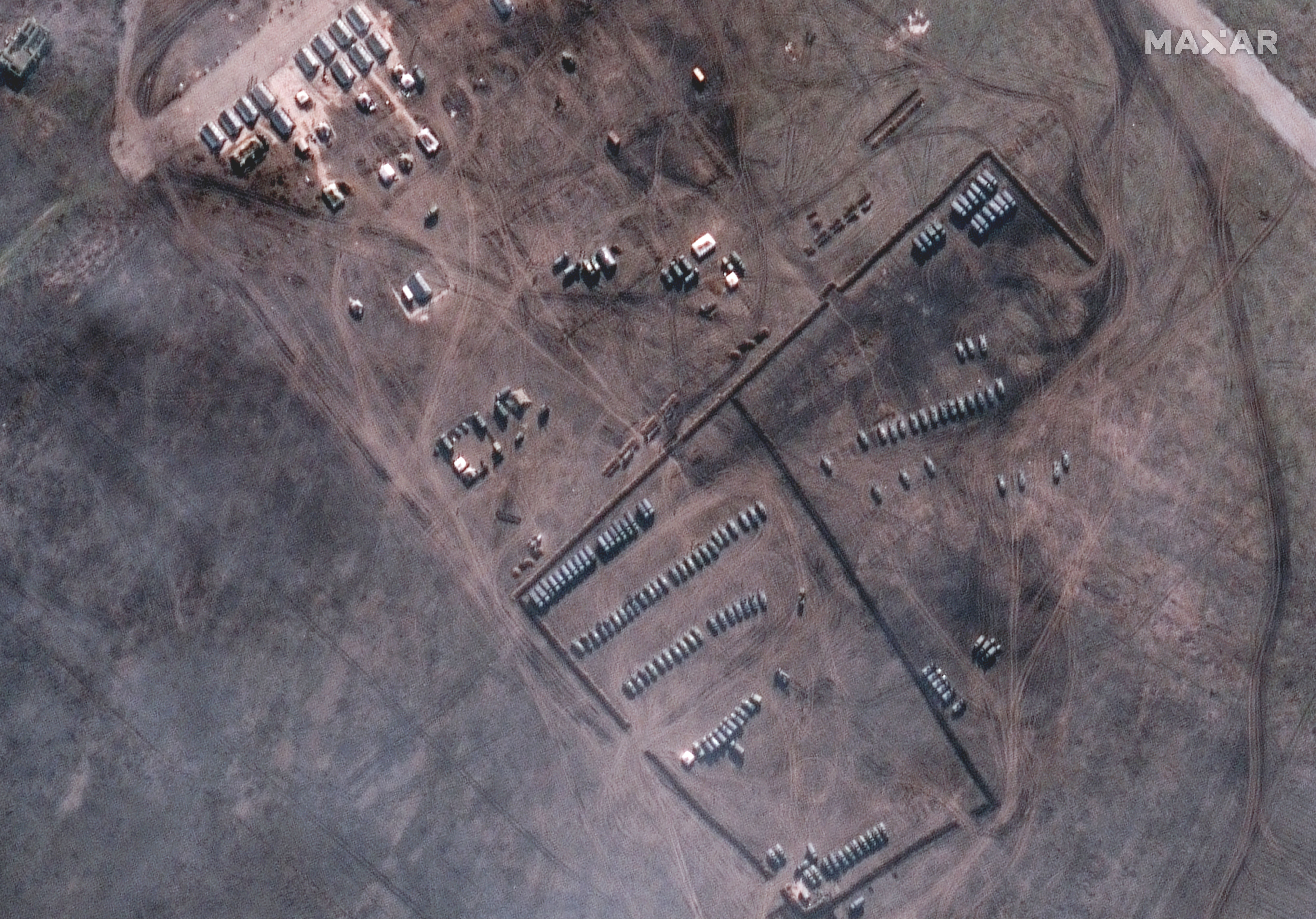 New armored vehicle deployments near Slavne, Crimea, as captured by satellite on Feb. 10.