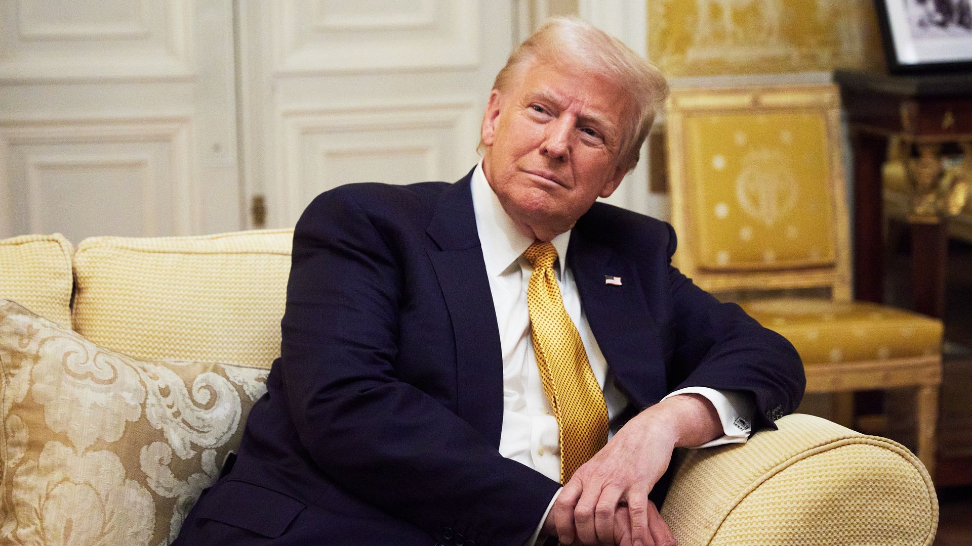 President-Elect Donald Trump reacts during his meeting with Prince William, Prince of Wales at the Embassy of the United Kingdom's Residence on December 7, 2024 in Paris, France. Donald Trump was among the wave of foreign dignitaries descending on Paris this weekend to attend a reopening ceremony at