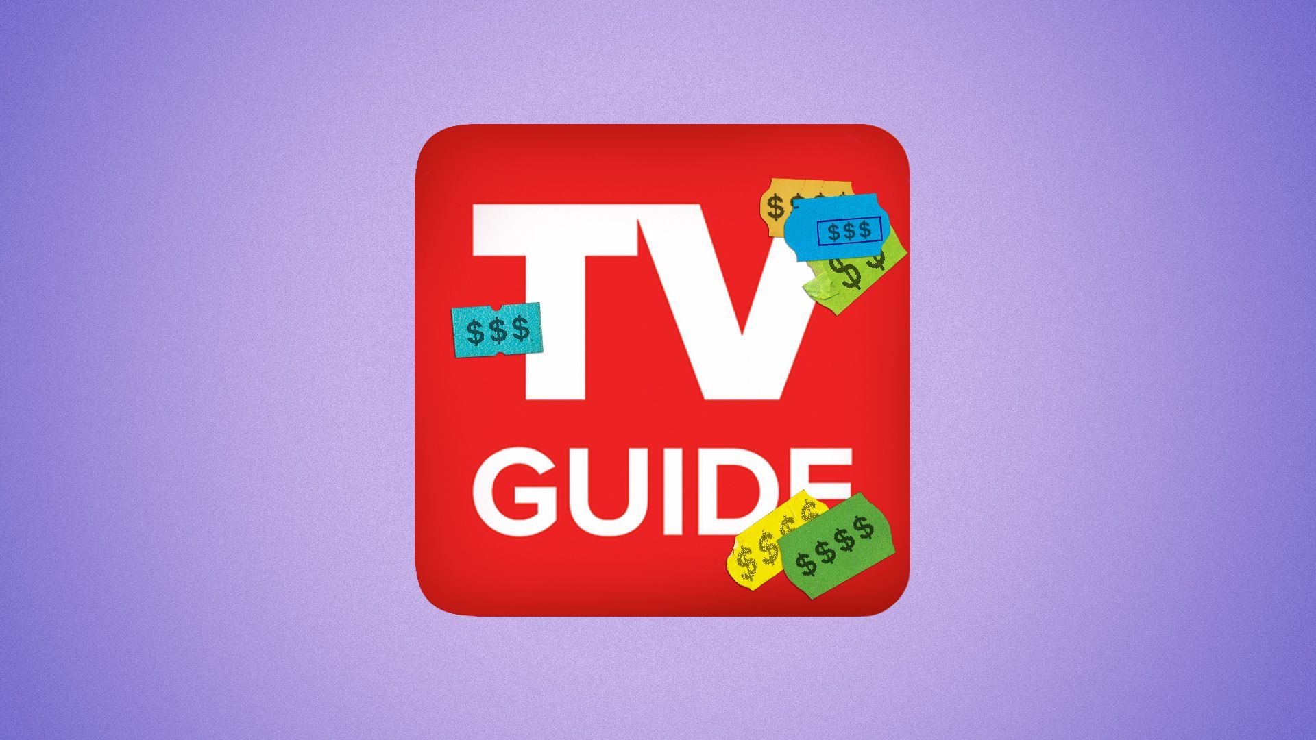 Illustration of the TV Guide logo with multiple price stickers all over it. 