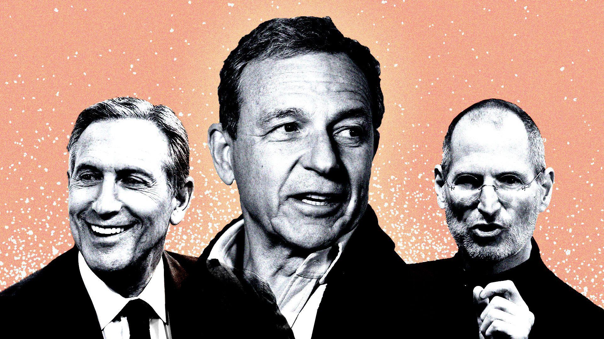 Headshots of Bob Iger, Howard Schultz and Steve Jobs