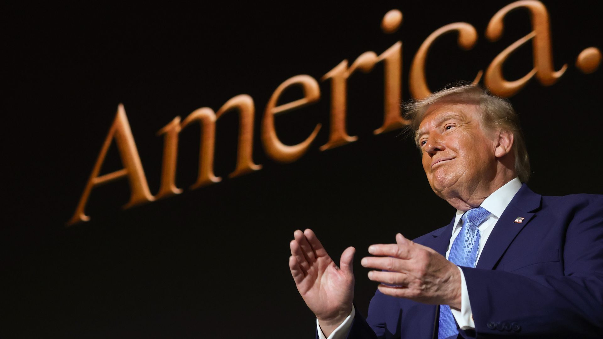 President Trump speaks onstage at the Andrew W. Mellon Auditorium during the launch of America.gov in Washington, D.C. Photo: Kevin Dietsch/Getty Images