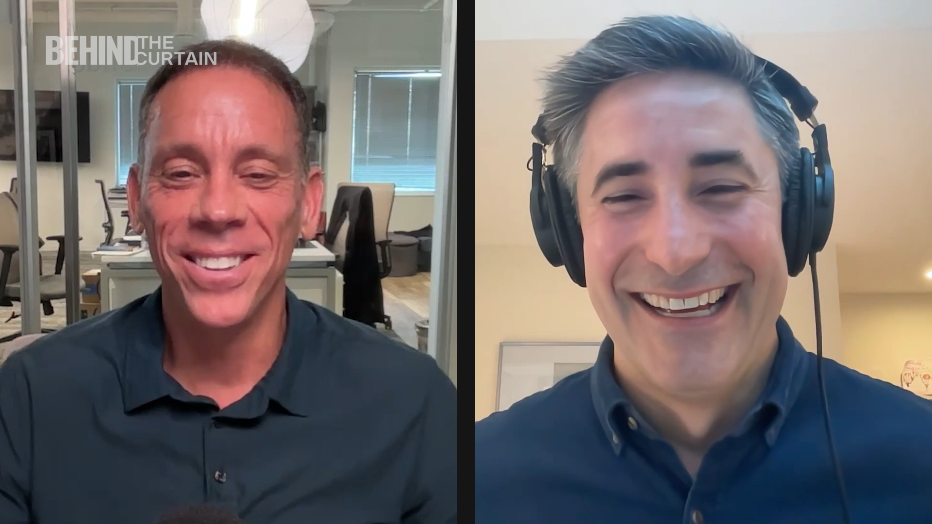 Split-screen video call: left, a smiling man in a blue polo in an office with glass walls; right, a smiling man wearing headphones in a pale room.